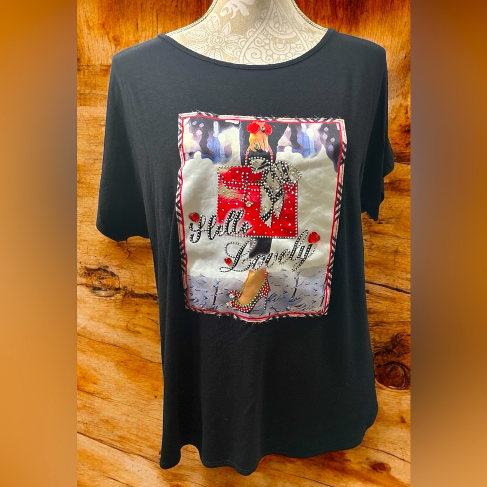 Fashion 123 One Size Black Top with Embellished Graphic Design “Hello Lovely”
